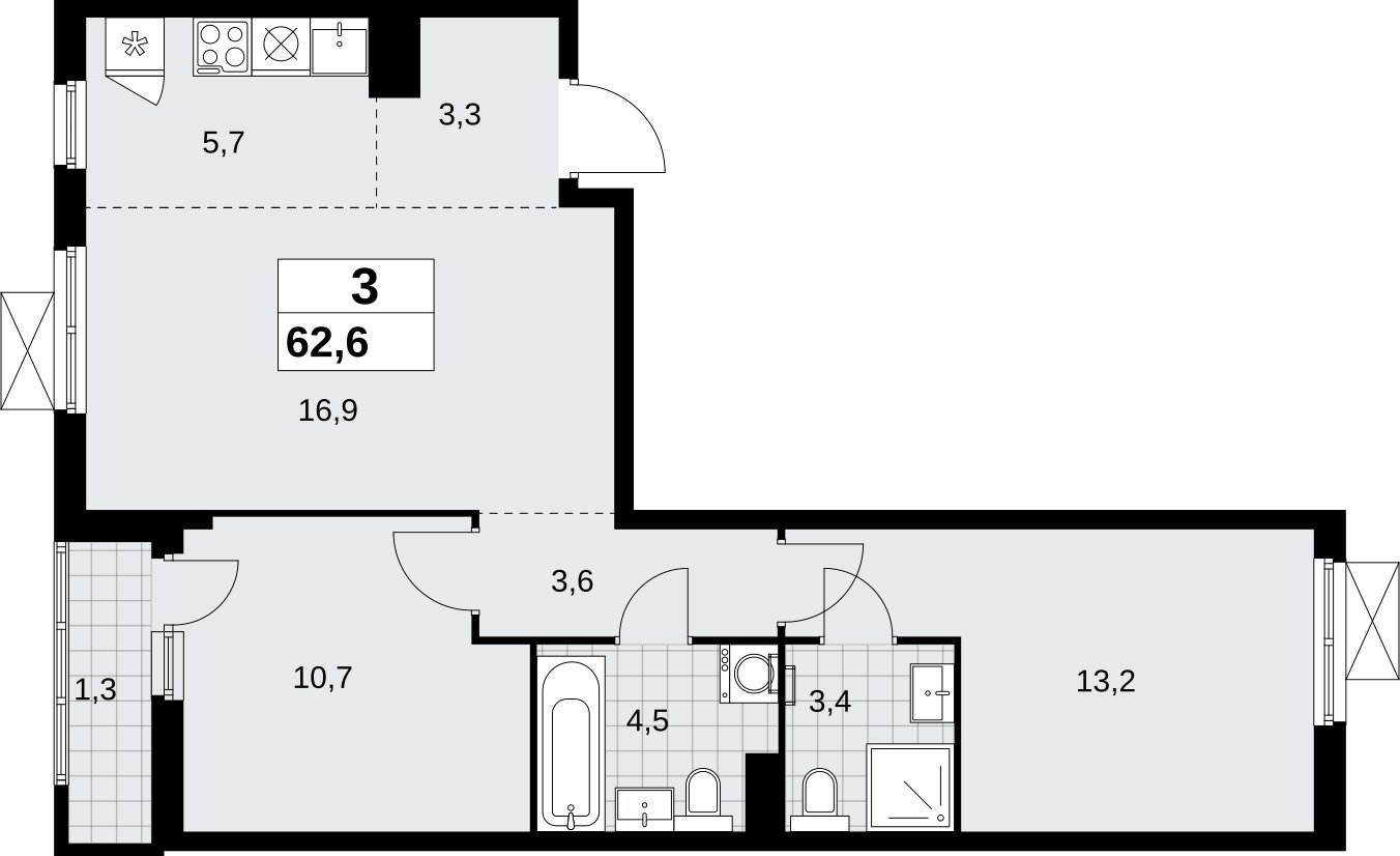 3-комнатная квартира (евро) без отделки, 62.6 м2, 5 этаж, сдача 2 квартал 2026 г., ЖК Дзен-кварталы, корпус 6.1.1 - объявление 2327048 - фото №1