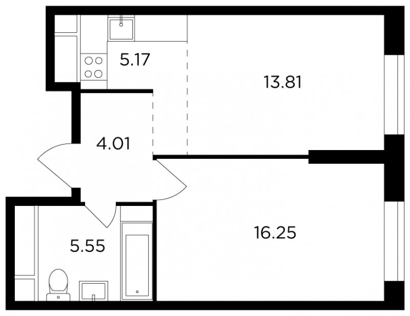 2-комнатная квартира без отделки, 44.79 м2, 21 этаж, сдача 2 квартал 2022 г., ЖК КутузовGRAD 2, корпус 6 - объявление 1624515 - фото №1