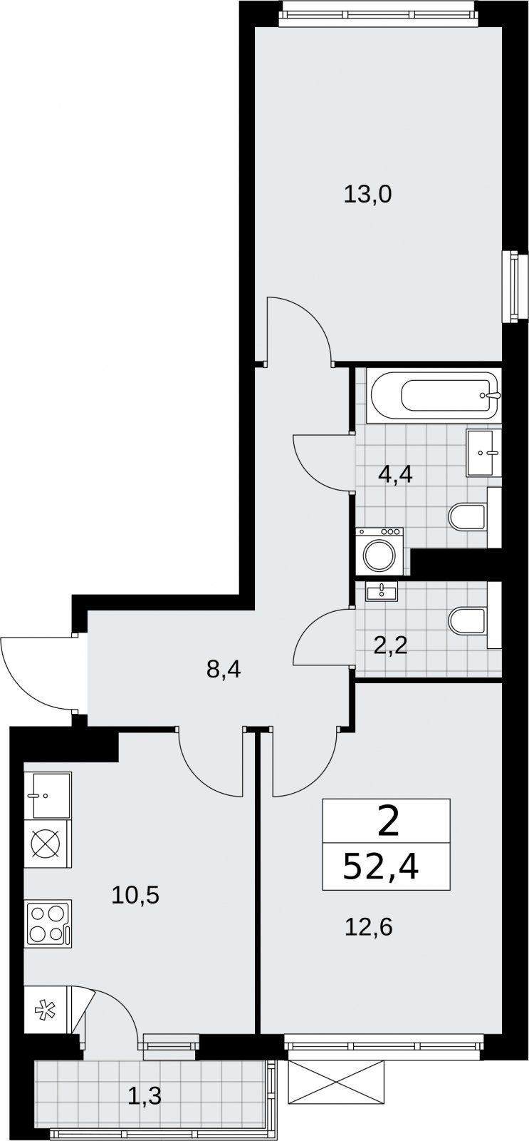 2-комнатная квартира без отделки, 52.4 м2, 12 этаж, сдача 2 квартал 2026 г., ЖК Бунинские кварталы, корпус 7.3 - объявление 2313804 - фото №1