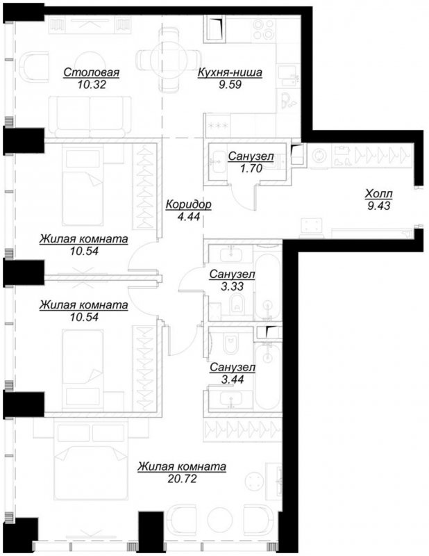 3-комнатная квартира с частичной отделкой, 83.84 м2, 3 этаж, сдача 4 квартал 2024 г., ЖК MOD, корпус Mod.D - объявление 1788481 - фото №1