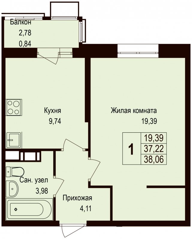 1-комнатная квартира без отделки, 38.06 м2, 2 этаж, дом сдан, ЖК Новая Щербинка, корпус 13 - объявление 1683345 - фото №1