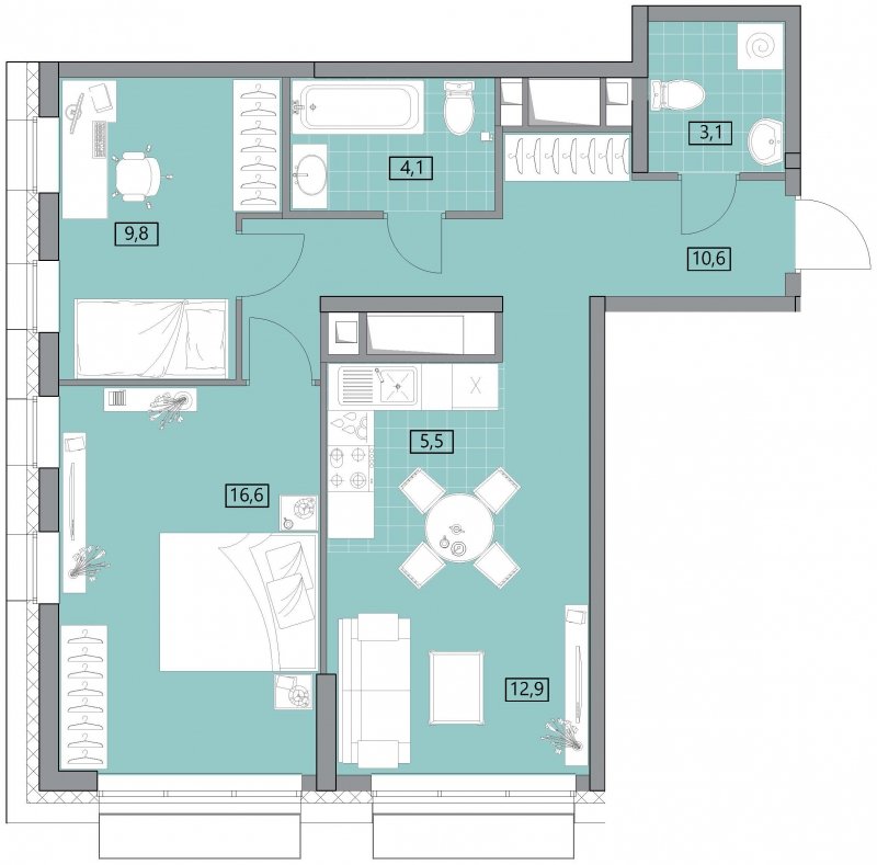 3-комнатная квартира (евро) с полной отделкой, 62.59 м2, 14 этаж, сдача 2 квартал 2022 г., ЖК Вестердам, корпус 3 - объявление 1506030 - фото №1
