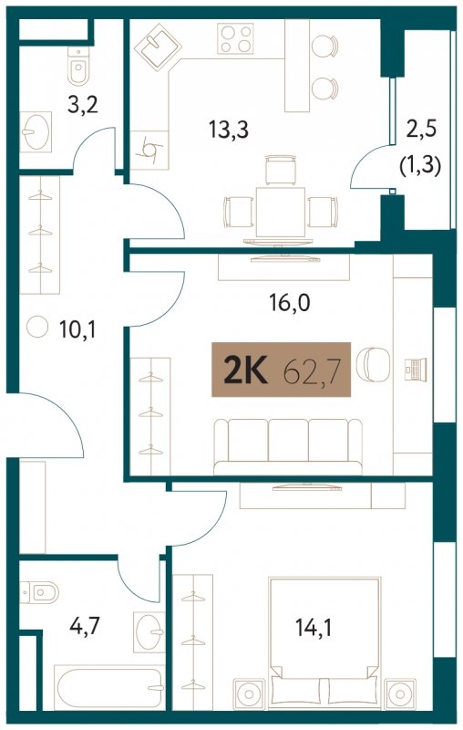 2-комнатная квартира 62.7 м2, 10 этаж, сдача 4 квартал 2022 г., ЖК Настоящее, корпус 1 - объявление 1711390 - фото №1