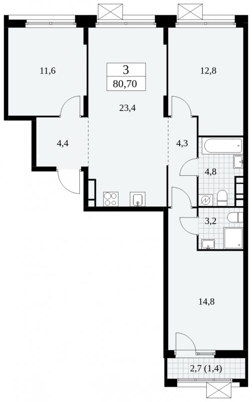 3-комнатная квартира без отделки, 80.7 м2, 8 этаж, сдача 4 квартал 2024 г., ЖК Скандинавия, корпус 2.27.3 - объявление 1840583 - фото №1