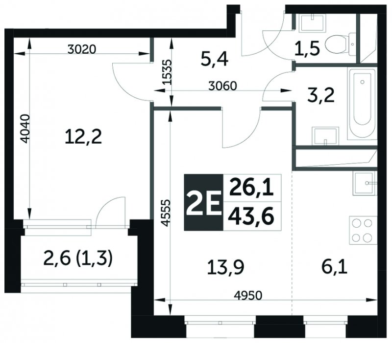 2-комнатная квартира без отделки, 43.6 м2, 4 этаж, дом сдан, ЖК Датский квартал, корпус 3 - объявление 1746757 - фото №1