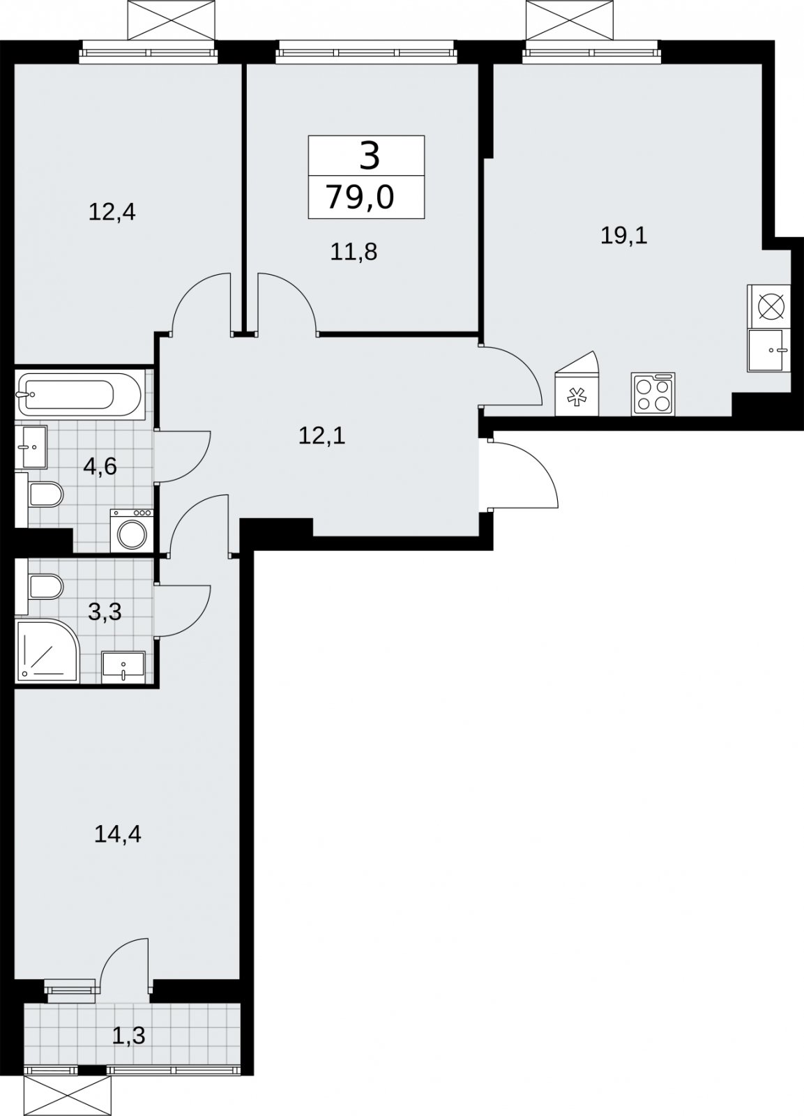 3-комнатная квартира без отделки, 79 м2, 4 этаж, сдача 2 квартал 2026 г., ЖК Бунинские кварталы, корпус 7.3 - объявление 2313908 - фото №1