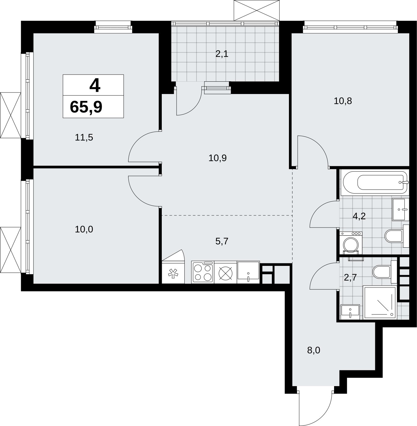 4-комнатная квартира (евро) без отделки, 65.9 м2, 4 этаж, сдача 4 квартал 2026 г., ЖК Скандинавия, корпус 2.18.1.2 - объявление 2350639 - фото №1