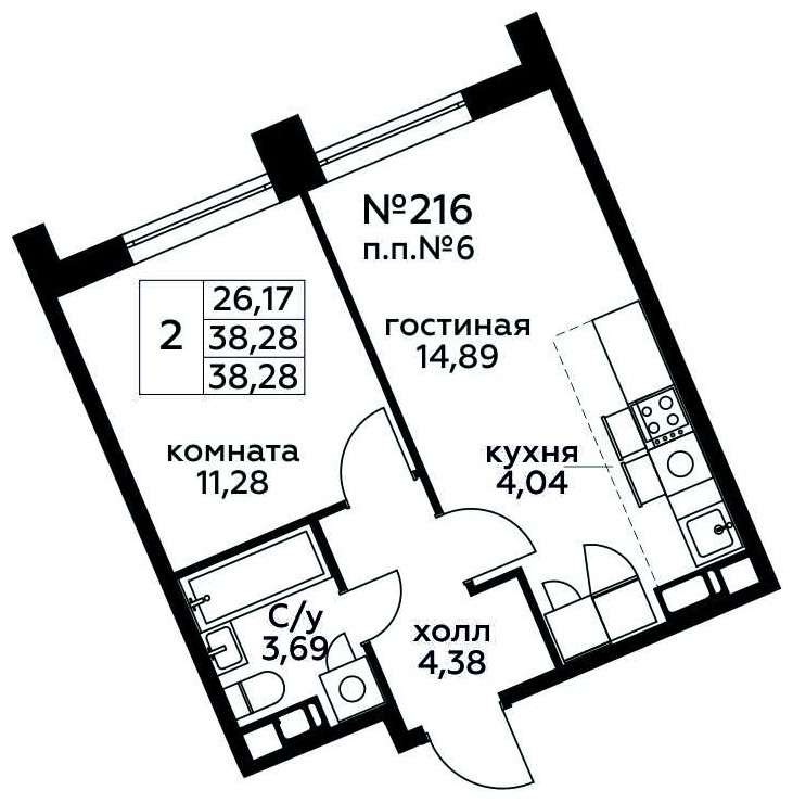 2-комнатная квартира (евро) с полной отделкой, 38.28 м2, 17 этаж, сдача 3 квартал 2024 г., ЖК МелисСад, корпус 1 - объявление 2060074 - фото №1