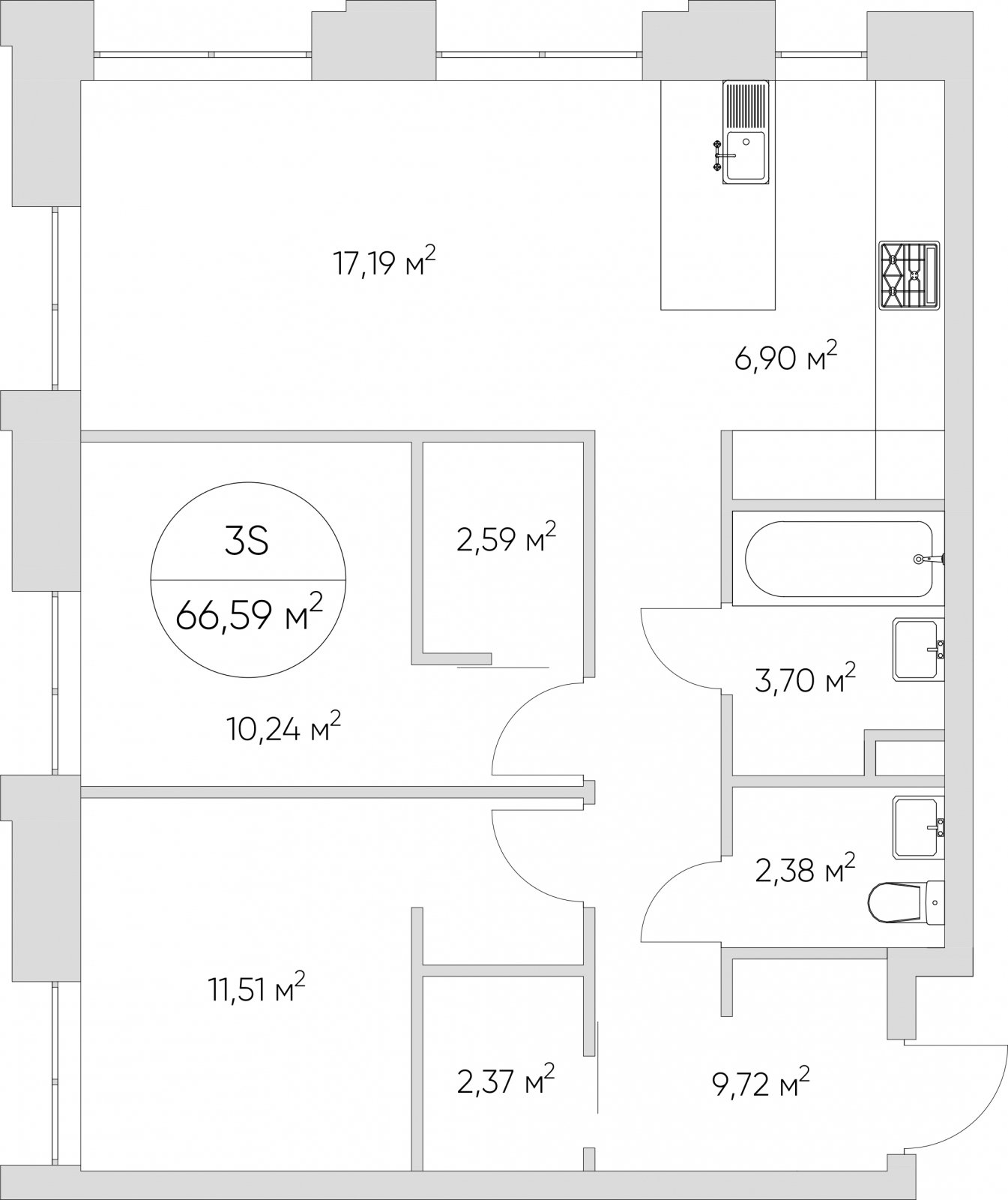 3-комнатные апартаменты без отделки, 66.59 м2, 3 этаж, дом сдан, ЖК N'ICE LOFT, корпус 1 - объявление 2405341 - фото №1