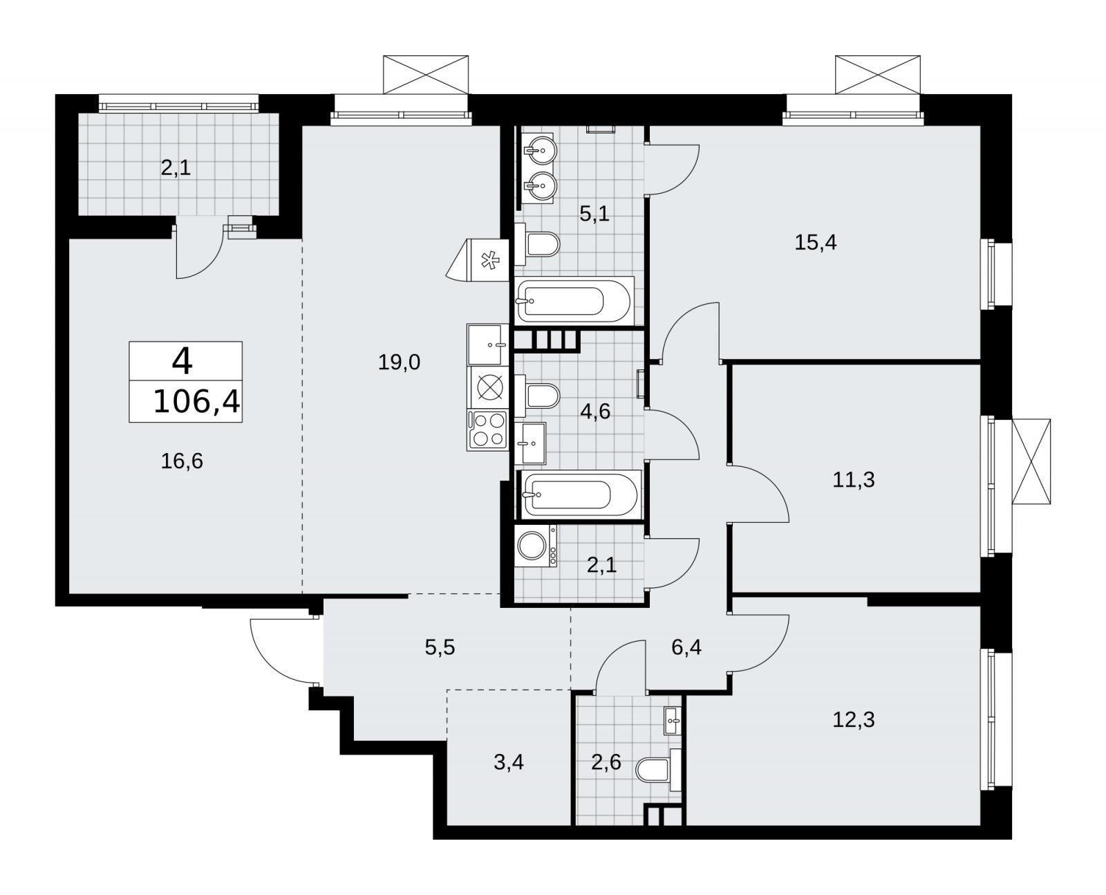 4-комнатная квартира (евро) без отделки, 106.4 м2, 3 этаж, сдача 2 квартал 2026 г., ЖК Скандинавия, корпус 25.7 - объявление 2284341 - фото №1