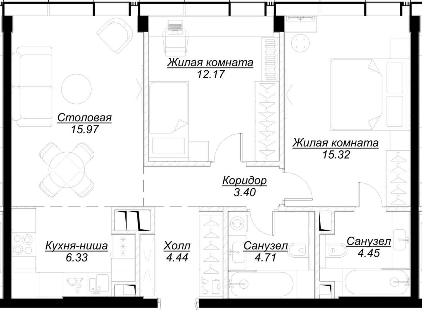 2-комнатная квартира без отделки, 65.9 м2, 52 этаж, сдача 4 квартал 2024 г., ЖК MOD, корпус Dreiser - объявление 2188830 - фото №1