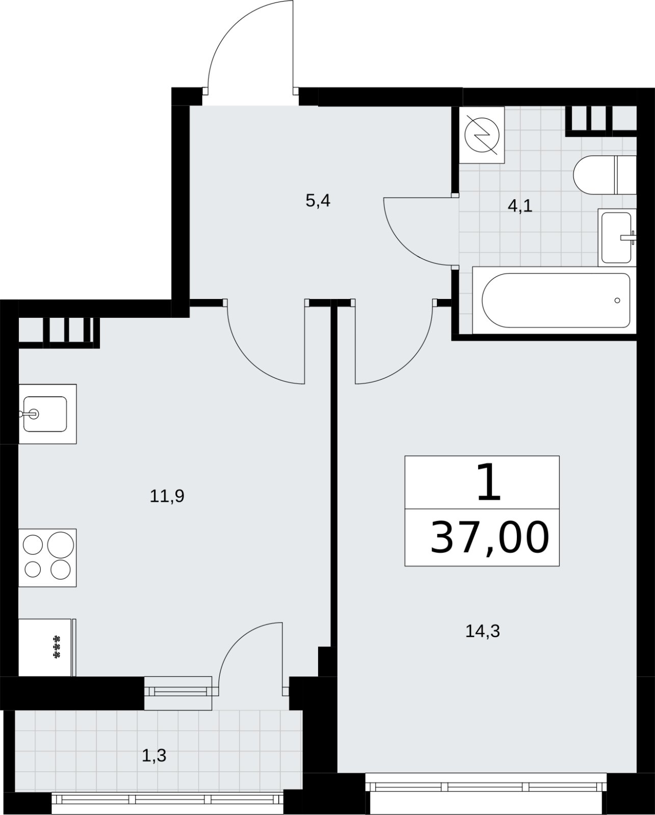 1-комнатная квартира с полной отделкой, 37 м2, 4 этаж, сдача 4 квартал 2026 г., ЖК Родные кварталы, корпус 3.3 - объявление 2378612 - фото №1
