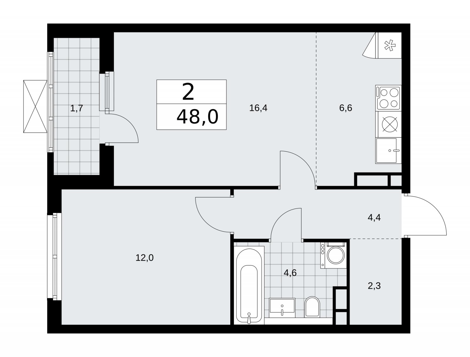 2-комнатная квартира (евро) без отделки, 48 м2, 6 этаж, сдача 1 квартал 2026 г., ЖК Прокшино, корпус 11.2.2 - объявление 2270084 - фото №1