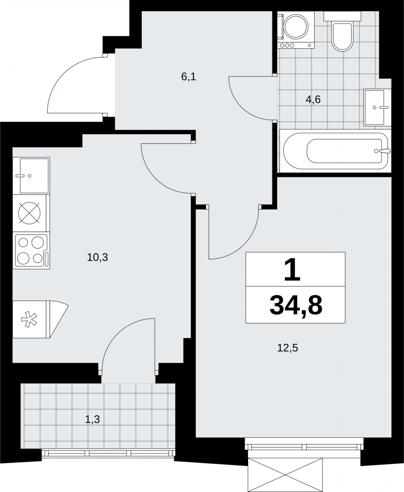 1-комнатная квартира без отделки, 34.8 м2, 16 этаж, сдача 1 квартал 2026 г., ЖК Дзен-кварталы, корпус 6.2.2 - объявление 2328755 - фото №1