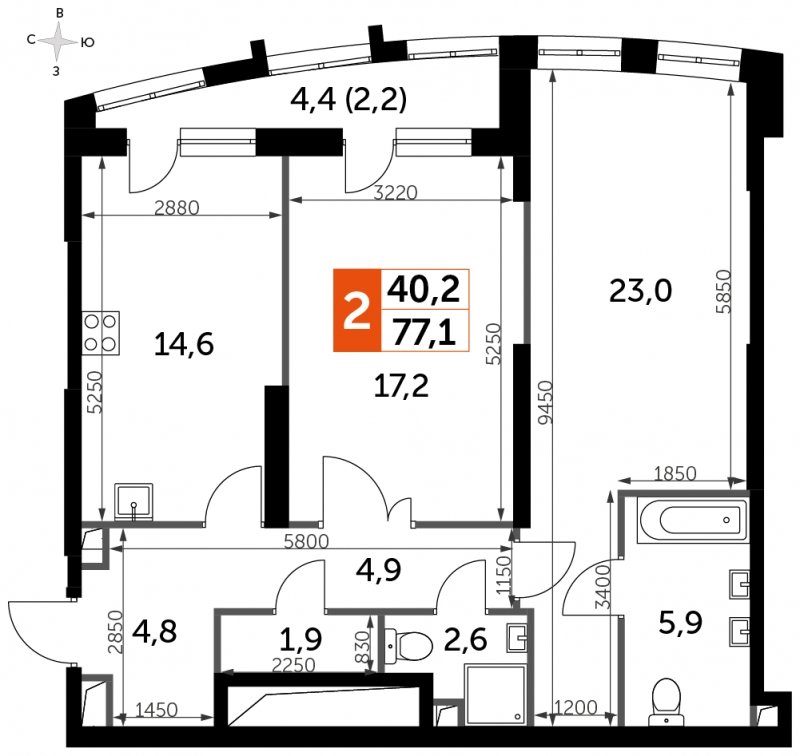 2-комнатная квартира с частичной отделкой, 77.1 м2, 25 этаж, сдача 3 квартал 2024 г., ЖК Sydney City, корпус 2.2 - объявление 1694273 - фото №1