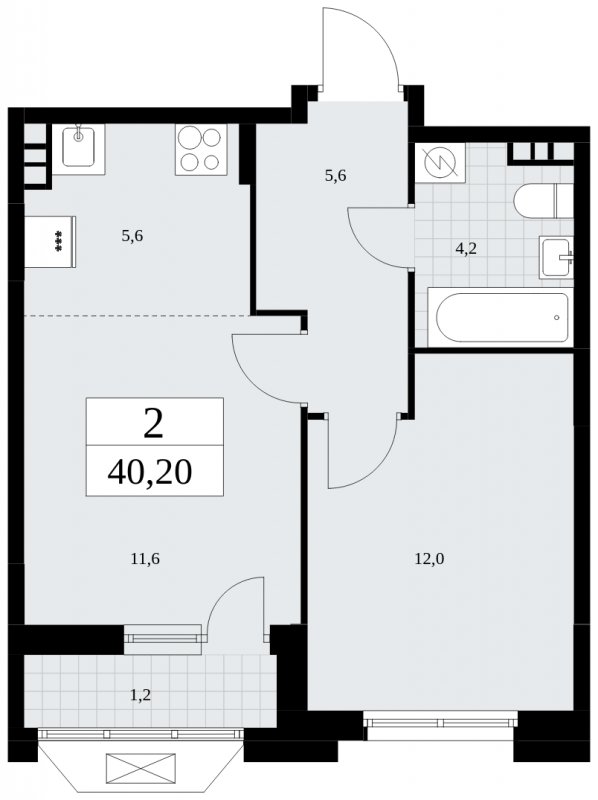 2-комнатная квартира (евро) без отделки, 40.2 м2, 8 этаж, сдача 4 квартал 2024 г., ЖК Бунинские кварталы, корпус 1.3 - объявление 1834660 - фото №1