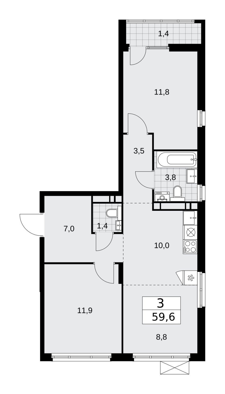 3-комнатная квартира (евро) с полной отделкой, 59.6 м2, 9 этаж, сдача 2 квартал 2026 г., ЖК Деснаречье, корпус 4.8 - объявление 2265127 - фото №1