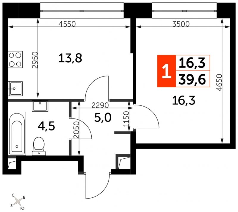 1-комнатная квартира с частичной отделкой, 39.6 м2, 18 этаж, сдача 3 квартал 2024 г., ЖК Sydney City, корпус 2.1 - объявление 1710093 - фото №1