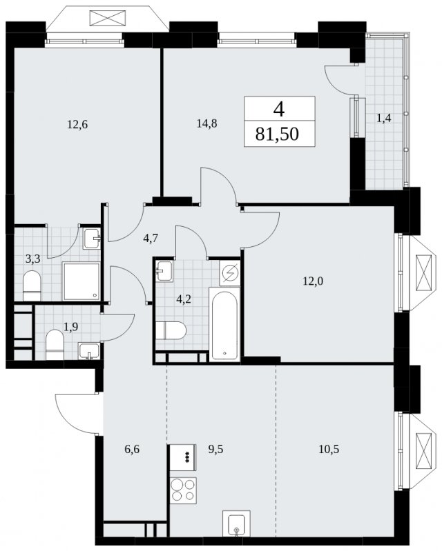 4-комнатная квартира (евро) без отделки, 81.5 м2, 13 этаж, сдача 4 квартал 2024 г., ЖК Бунинские кварталы, корпус 1.3 - объявление 1834897 - фото №1