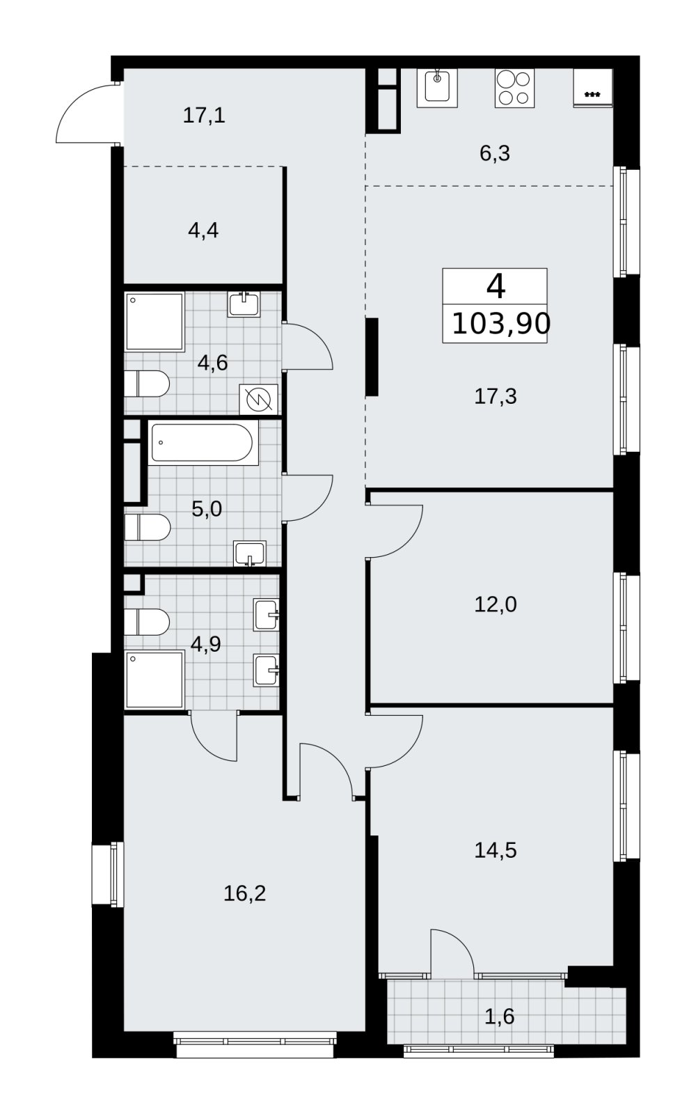 4-комнатная квартира (евро) с частичной отделкой, 103.9 м2, 14 этаж, сдача 1 квартал 2026 г., ЖК Дом на Зорге, корпус 25 - объявление 2235380 - фото №1