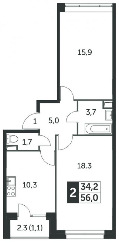 2-комнатная квартира без отделки, 56.2 м2, 2 этаж, сдача 4 квартал 2023 г., ЖК Датский квартал, корпус 2 - объявление 1568373 - фото №1