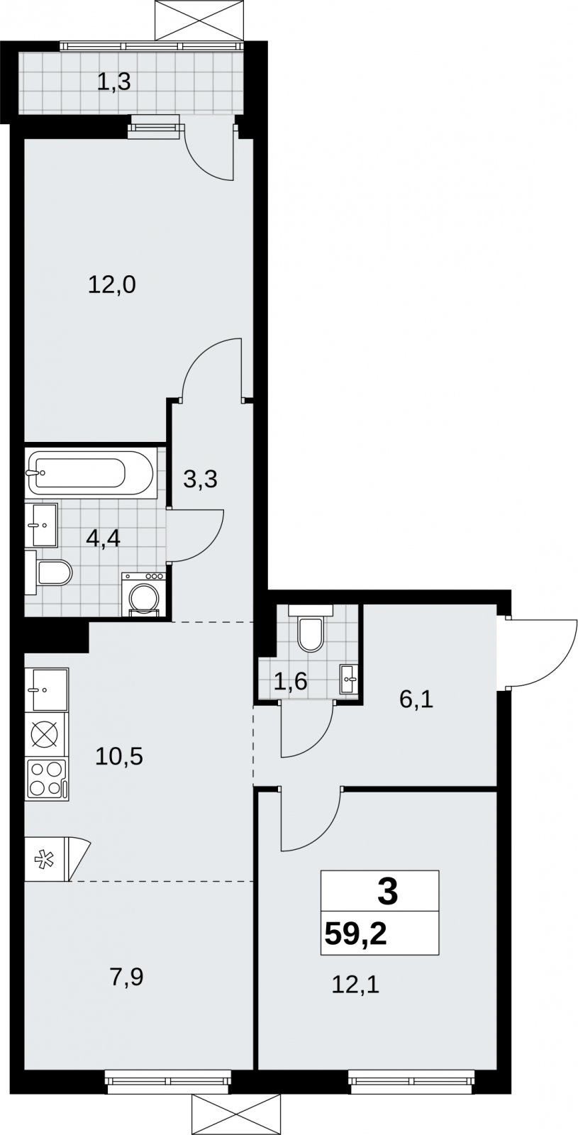 3-комнатная квартира (евро) без отделки, 59.2 м2, 7 этаж, сдача 2 квартал 2026 г., ЖК Дзен-кварталы, корпус 6.1.1 - объявление 2327102 - фото №1