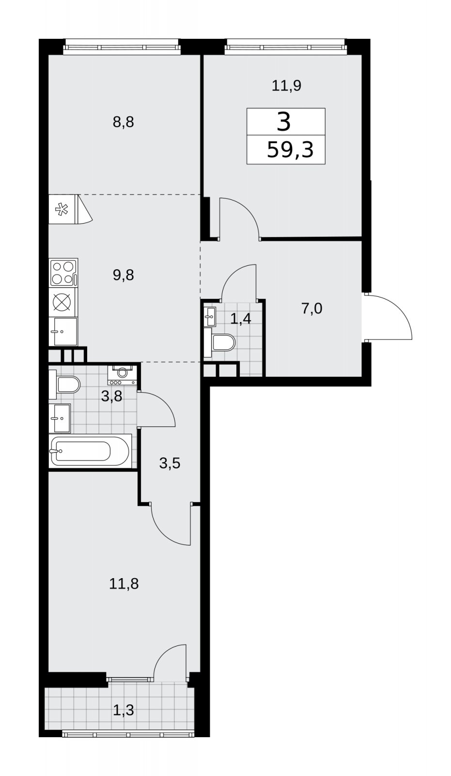 3-комнатная квартира (евро) с частичной отделкой, 59.3 м2, 14 этаж, сдача 2 квартал 2026 г., ЖК Деснаречье, корпус 4.4 - объявление 2264242 - фото №1