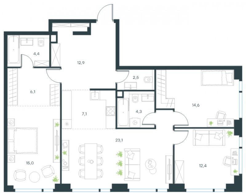 4-комнатная квартира (евро) с частичной отделкой, 102.4 м2, 35 этаж, сдача 4 квартал 2024 г., ЖК Level Мичуринский, корпус 5 - объявление 1635446 - фото №1