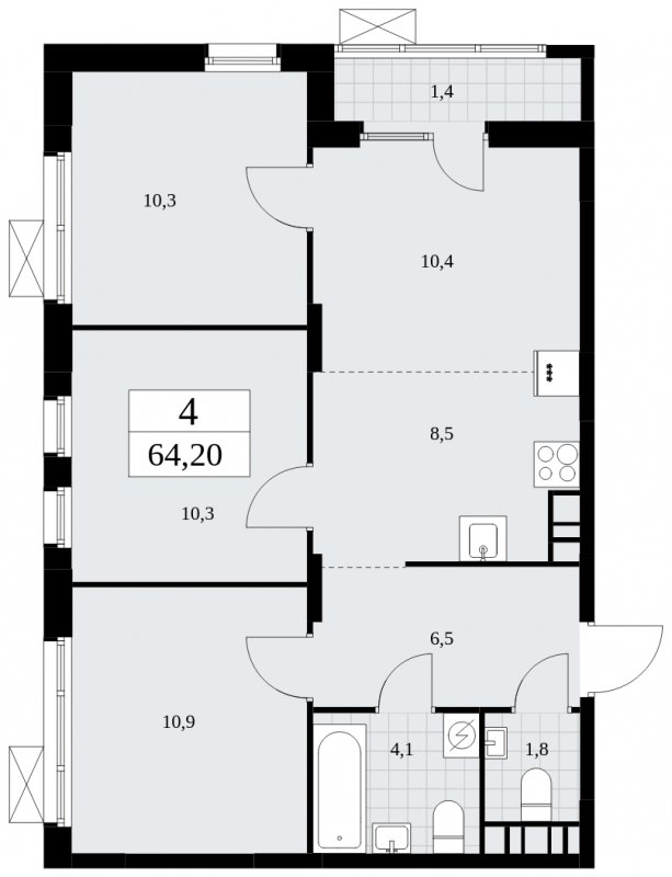 4-комнатная квартира (евро) с частичной отделкой, 64.2 м2, 5 этаж, сдача 3 квартал 2025 г., ЖК Дзен-кварталы, корпус 2.2 - объявление 1932467 - фото №1