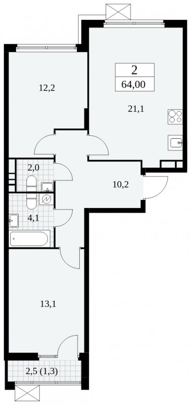 2-комнатная квартира без отделки, 64 м2, 6 этаж, сдача 4 квартал 2024 г., ЖК Скандинавия, корпус 2.27.3 - объявление 1840477 - фото №1