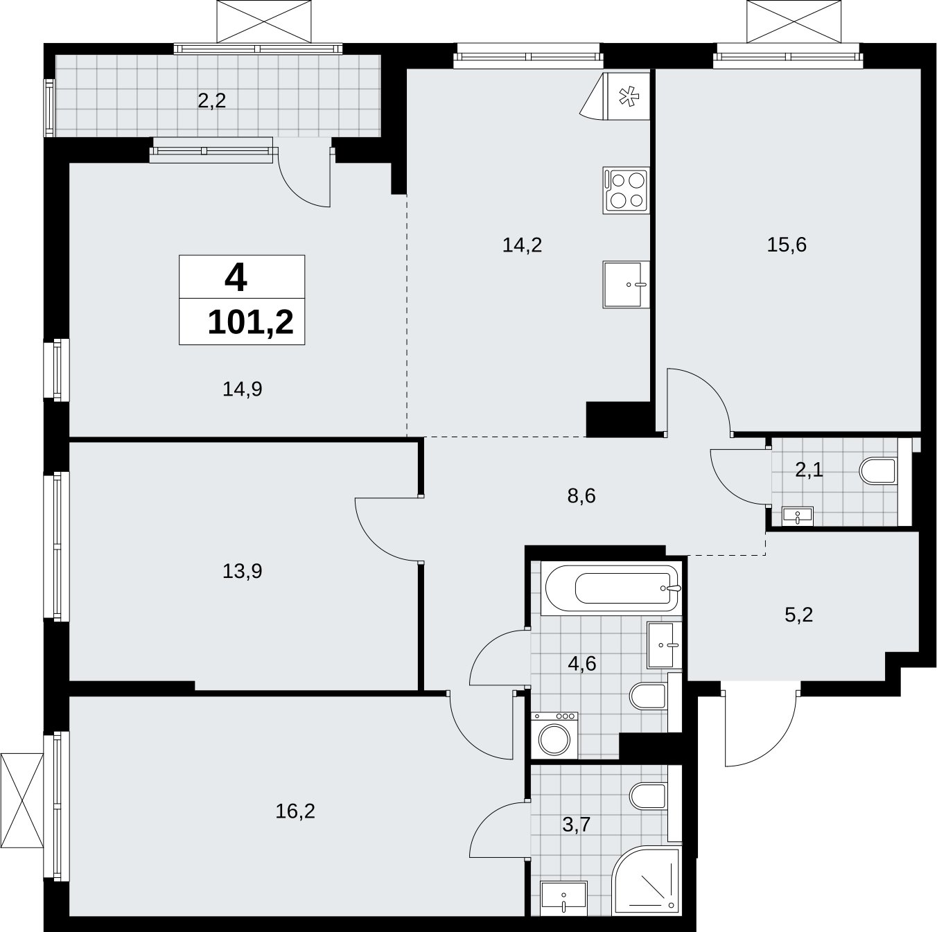 4-комнатная квартира (евро) без отделки, 101.2 м2, 8 этаж, сдача 2 квартал 2026 г., ЖК Бунинские кварталы, корпус 9.2 - объявление 2324227 - фото №1