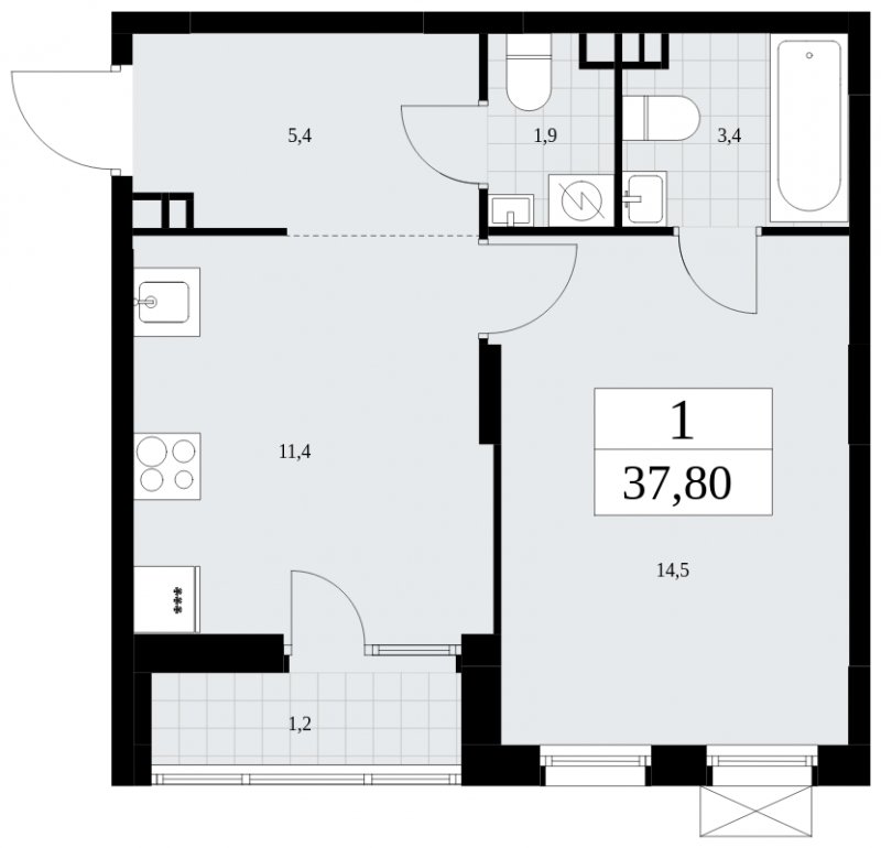 1-комнатная квартира без отделки, 37.8 м2, 3 этаж, сдача 2 квартал 2025 г., ЖК Дзен-кварталы, корпус 2.4 - объявление 1932785 - фото №1