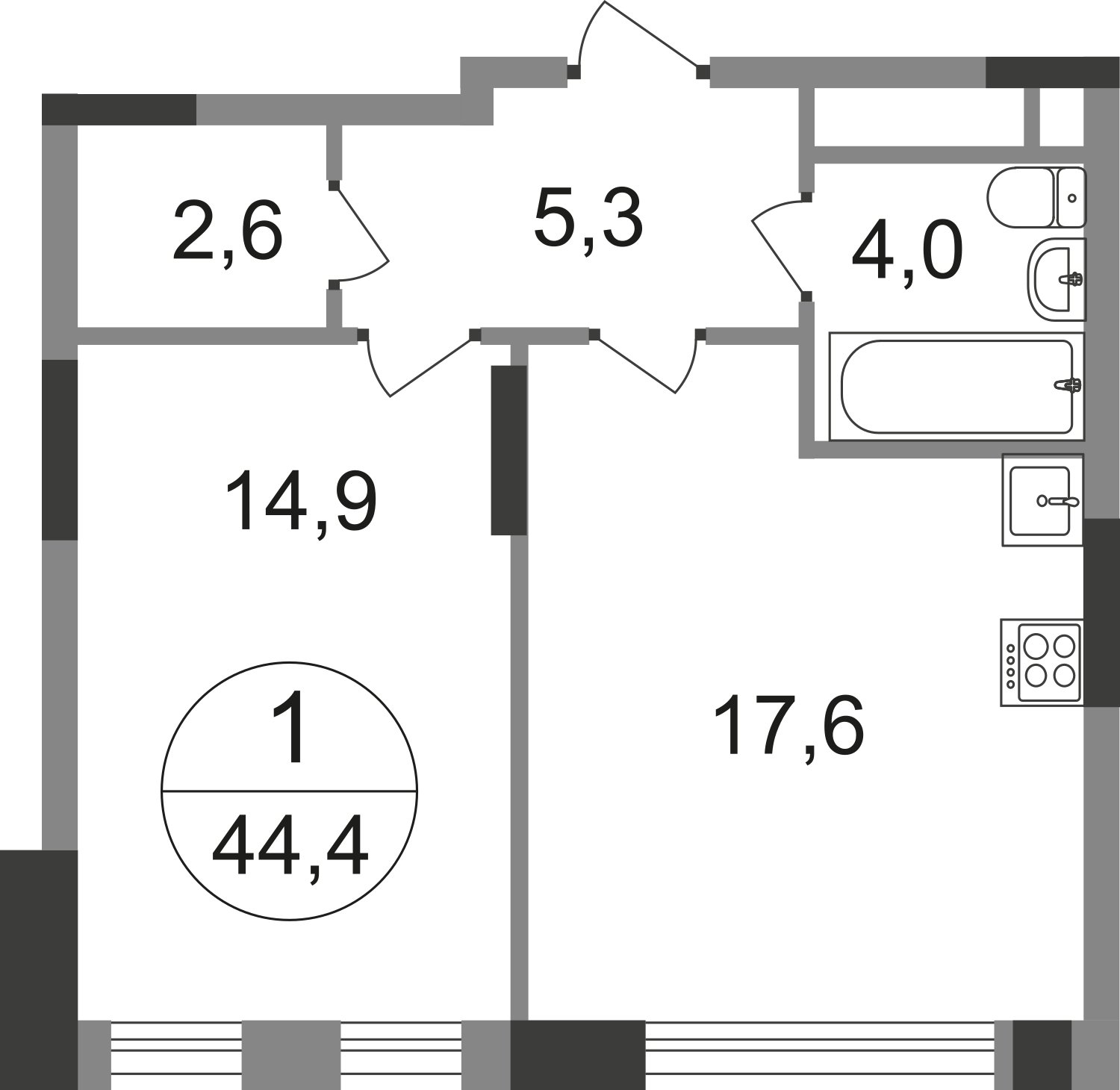 1-комнатная квартира без отделки, 44.4 м2, 16 этаж, сдача 1 квартал 2025 г., ЖК город-парк Переделкино Ближнее, корпус 17-1 - объявление 2377075 - фото №1