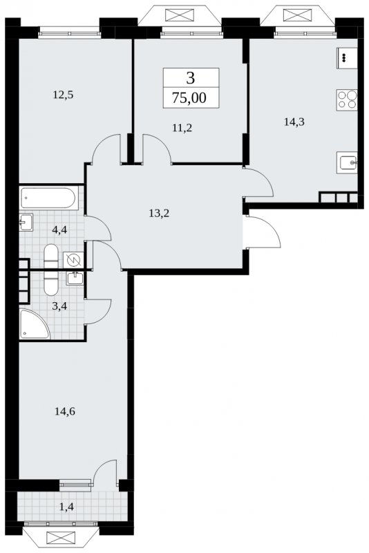 3-комнатная квартира без отделки, 75 м2, 6 этаж, сдача 1 квартал 2025 г., ЖК Бунинские кварталы, корпус 1.3 - объявление 1834585 - фото №1