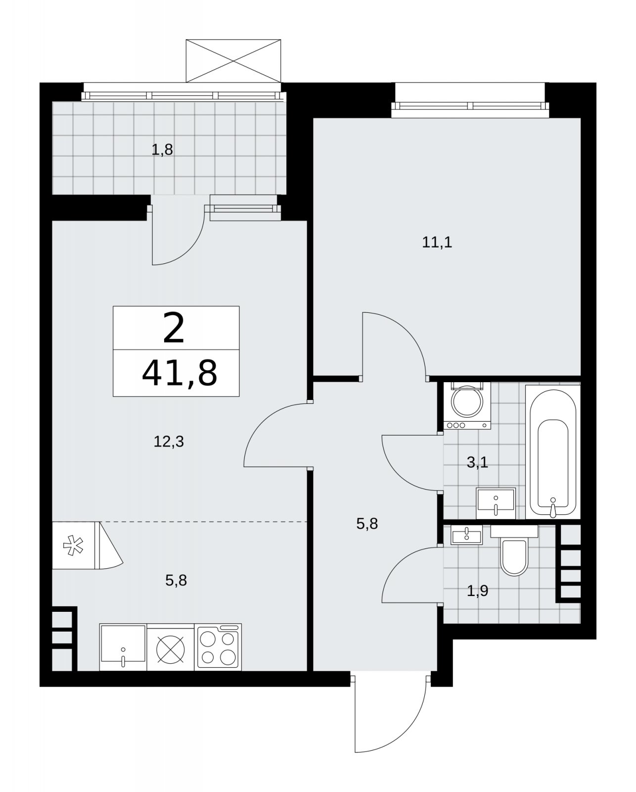 2-комнатная квартира (евро) без отделки, 41.8 м2, 5 этаж, сдача 1 квартал 2026 г., ЖК Дзен-кварталы, корпус 4.3 - объявление 2251673 - фото №1