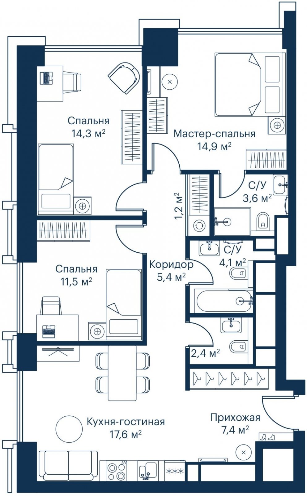 3-комнатная квартира без отделки, 82.48 м2, 28 этаж, сдача 2 квартал 2024 г., ЖК City Bay, корпус Indian Ocean 1 - объявление 2332406 - фото №1
