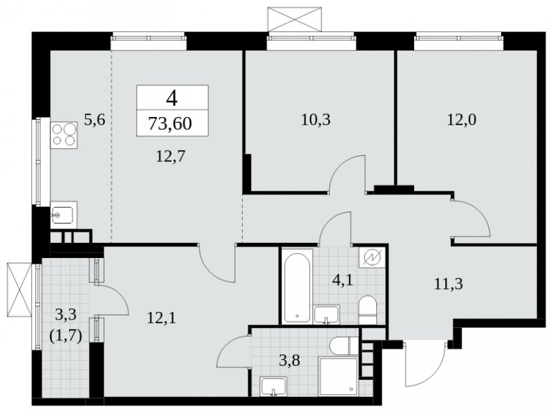 4-комнатная квартира (евро) с частичной отделкой, 73.6 м2, 13 этаж, сдача 1 квартал 2025 г., ЖК Прокшино, корпус 5.2.2 - объявление 1751235 - фото №1