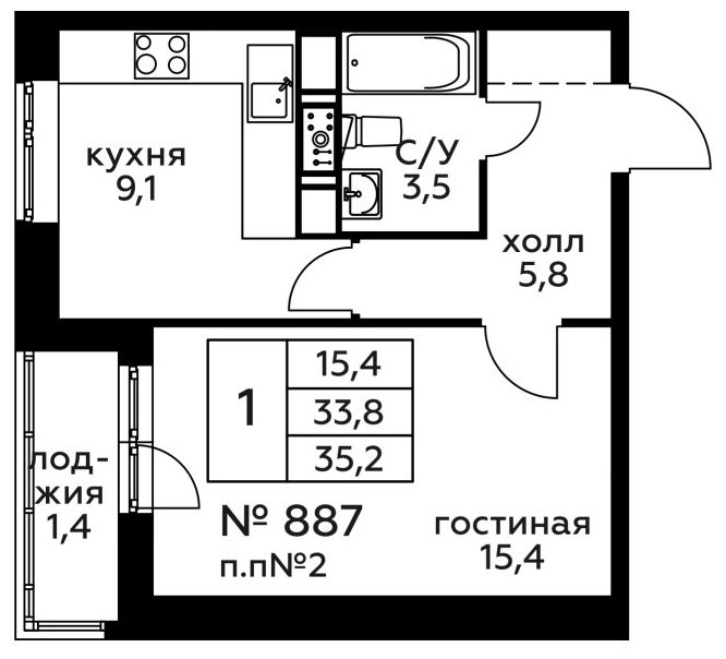 1-комнатная квартира без отделки, 35.2 м2, 22 этаж, сдача 2 квартал 2022 г., ЖК Новоград Павлино, корпус 18 - объявление 1249941 - фото №1