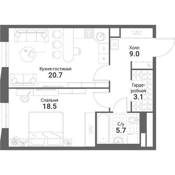 1-комнатная квартира без отделки, 57 м2, 18 этаж, сдача 1 квартал 2023 г., ЖК Nagatino i-Land, корпус А2 - объявление 1983533 - фото №1