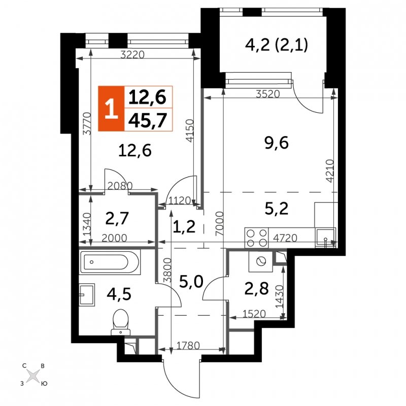 1-комнатная квартира с частичной отделкой, 45.7 м2, 2 этаж, сдача 4 квартал 2024 г., ЖК ROTTERDAM, корпус 2.3 - объявление 1940779 - фото №1