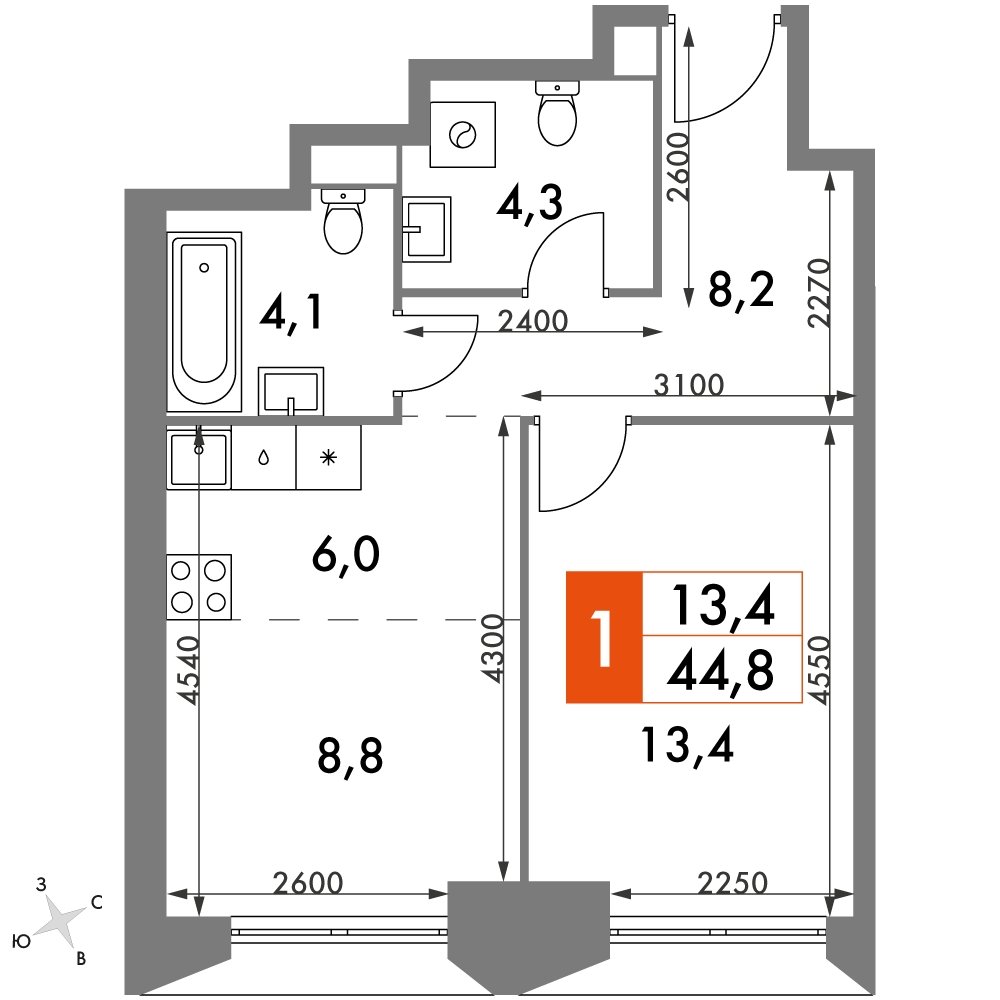 1-комнатная квартира с частичной отделкой, 44.8 м2, 17 этаж, сдача 4 квартал 2023 г., ЖК Архитектор, корпус 3 - объявление 2309796 - фото №1