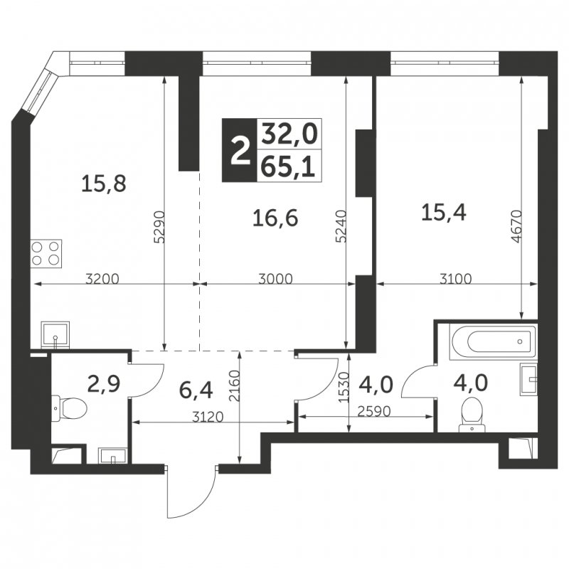 2-комнатная квартира без отделки, 65.1 м2, 43 этаж, сдача 4 квартал 2023 г., ЖК Архитектор, корпус 3 - объявление 1566135 - фото №1
