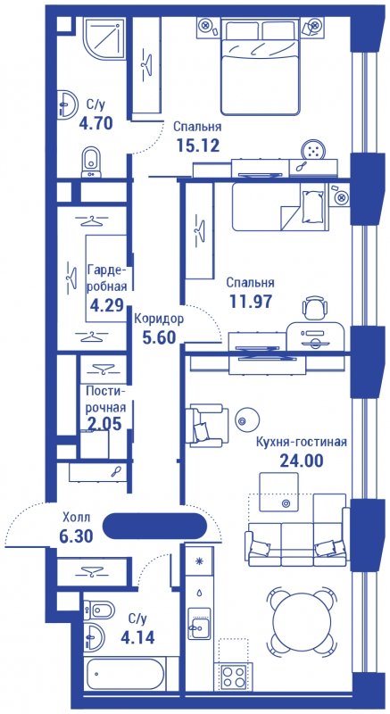 3-комнатная квартира с полной отделкой, 78.17 м2, 24 этаж, сдача 3 квартал 2024 г., ЖК iLove, корпус 2 - объявление 1886450 - фото №1