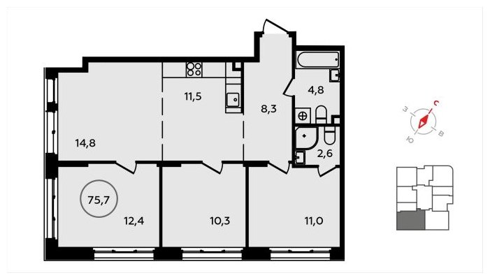 4-комнатная квартира (евро) с полной отделкой, 75.7 м2, 2 этаж, сдача 3 квартал 2024 г., ЖК Скандинавия, корпус 22.5 - объявление 1625751 - фото №1