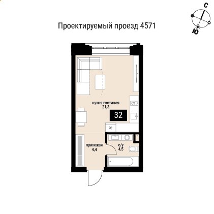 1-комнатная квартира без отделки, 30 м2, 5 этаж, сдача 2 квартал 2026 г., ЖК Шелепиха, корпус 1 - объявление 2418596 - фото №1