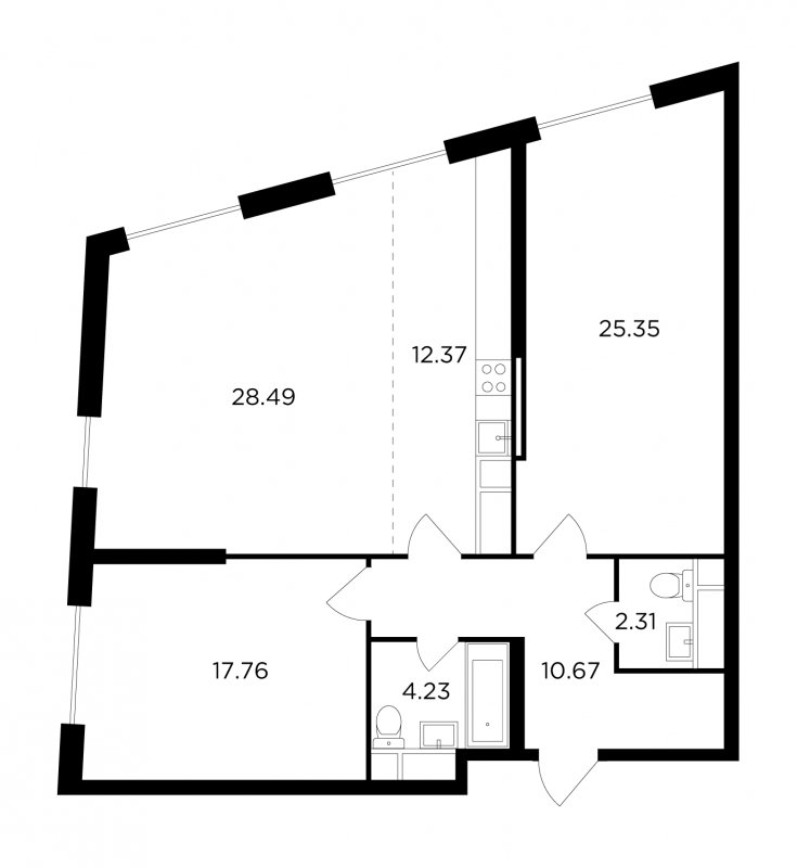 3-комнатная квартира без отделки, 101.18 м2, 27 этаж, сдача 2 квартал 2022 г., ЖК КутузовGRAD 2, корпус 3 - объявление 1675764 - фото №1