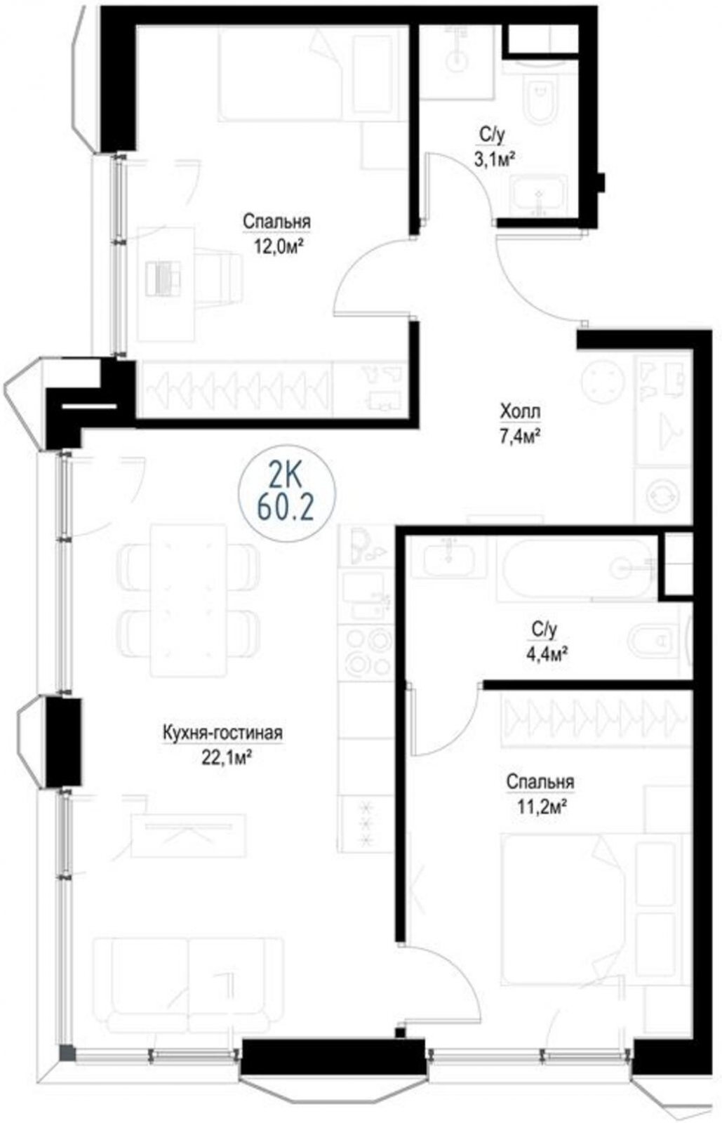 2-комнатная квартира с частичной отделкой, 60.2 м2, 18 этаж, сдача 3 квартал 2024 г., ЖК Метрополия, корпус Veliky Novgorod - объявление 2214692 - фото №1