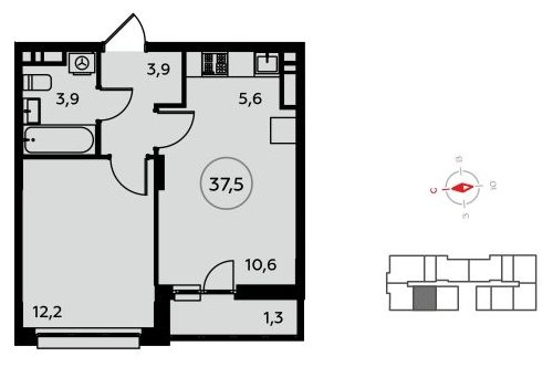 2-комнатная квартира (евро) без отделки, 37.5 м2, 15 этаж, сдача 4 квартал 2022 г., ЖК Белые ночи, корпус 3.2 - объявление 1409077 - фото №1
