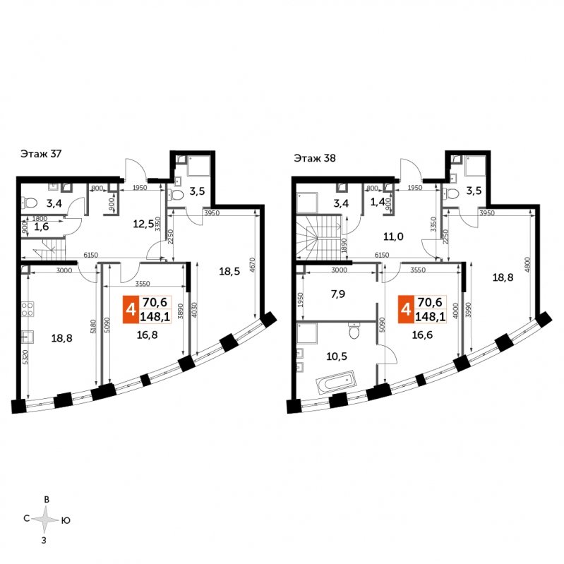 4-комнатная квартира без отделки, 148.1 м2, 37 этаж, сдача 3 квартал 2024 г., ЖК Sydney City, корпус 2.2 - объявление 1710696 - фото №1