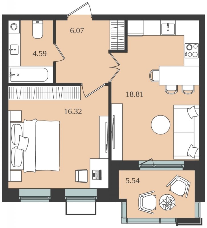 1-комнатная квартира без отделки, 48.56 м2, 2 этаж, сдача 1 квартал 2024 г., ЖК Мишино-2, корпус 10 - объявление 1812158 - фото №1